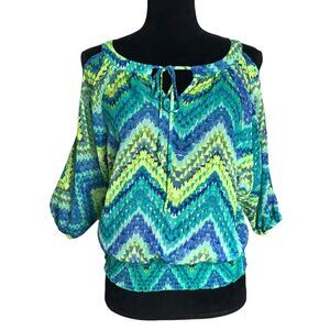 BCX Cold Shoulder Geometric Print Pullover Top in Blue/Green  - Sz S